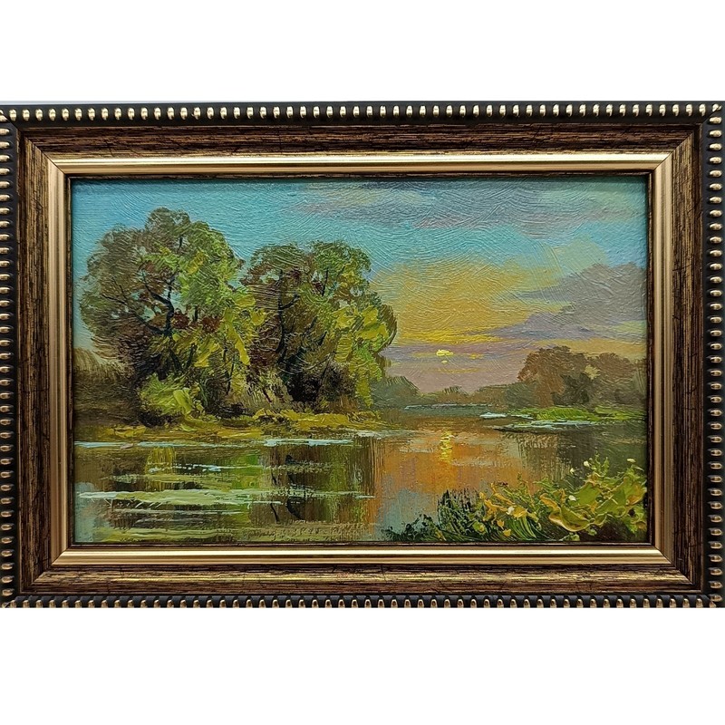 Original Oil Painting Forest Landscape with River 6×4 in Signed Framed