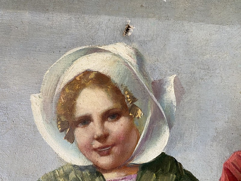 Antique Dutch Children Doll Windmill Beach Sea Scene Unknown Artist Oil Painting gallery