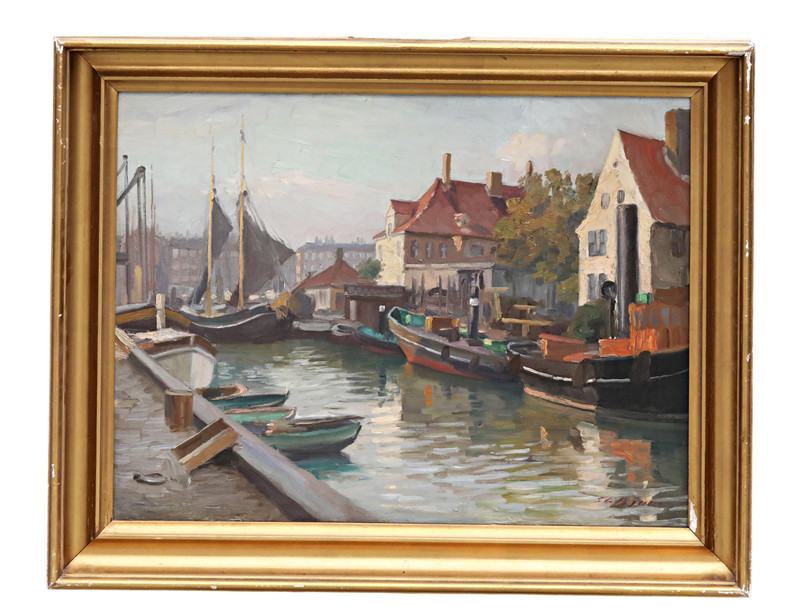 Soren Christian Bjulf (1890-1958) Harbor View Oil On Canvas Signed