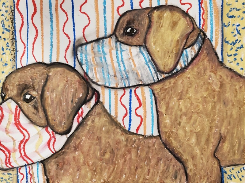 Chesapeake Bay Retriever in Masks Original 9×12 Painting by Artist KSams Dog Art