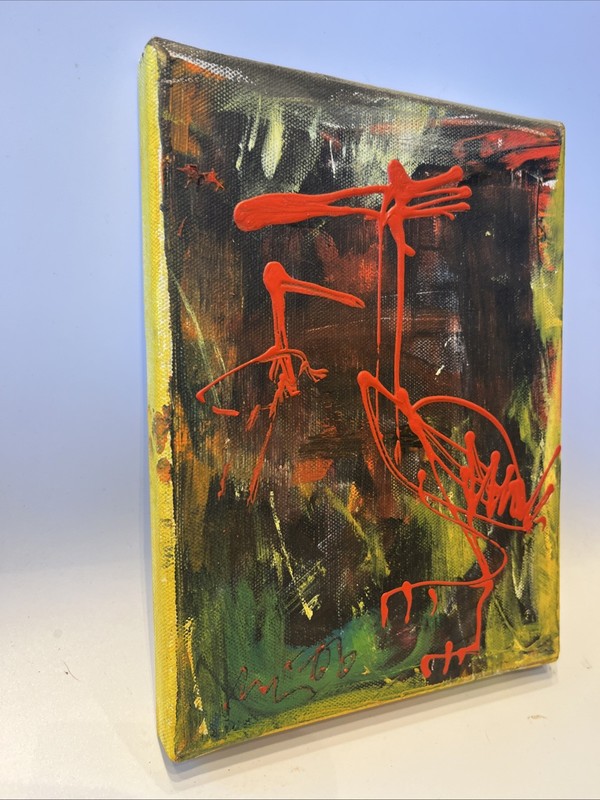 Bird expressive oil painting Mü06 original animal picture/LW 24x18 cm expressive red green gallery