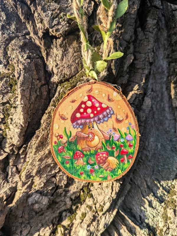 Mushroom people, Hand-painted wooden slice, Whimsy decor, Forest inspired deco