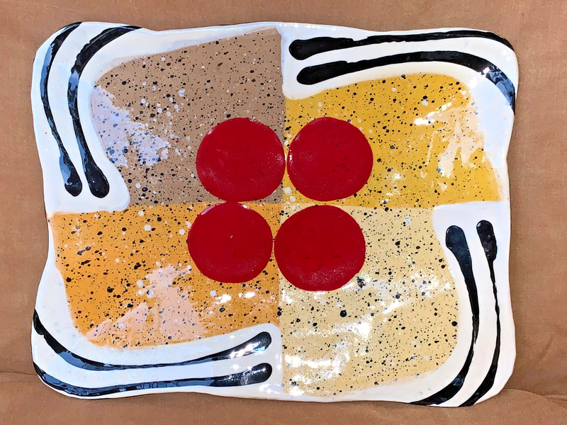 Listed Artist Jack Charney Mid Century Ceramic Tray Geometric Red Dots Ex Cond gallery