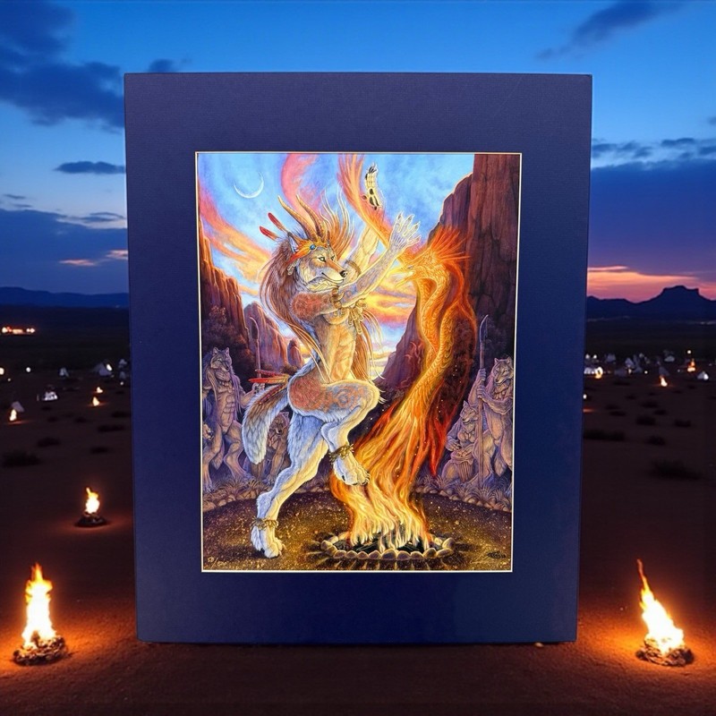 Sacred Fire Fantasy Art Wolf Christy “Goldenwolf” Grandjean Signed 50/500 20×16