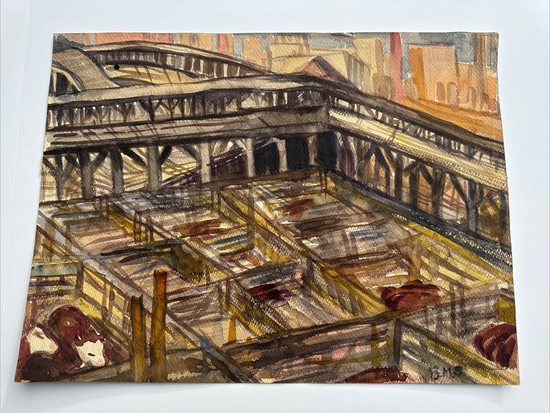 Antique Wpa Painting Industrial Farming Cityscape Chicago Exhibited Signed BMS