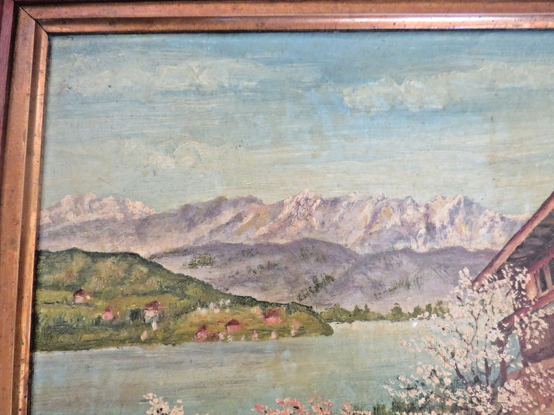 VINTAGE 1934 DATED CHATEAU & MOUNTAINS LANDSCAPE OIL PAINTING by J.M. CALOR gallery
