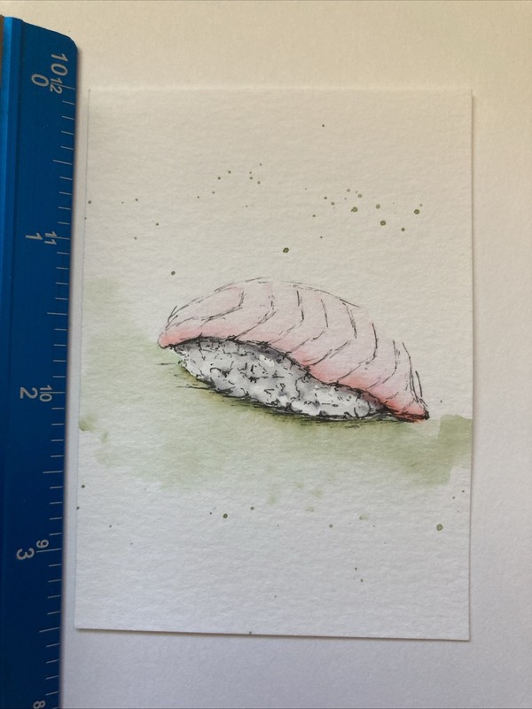 ACEO Original Watercolor Painting ATC OOAK Sushi Nigiri Tai Red Snapper gallery