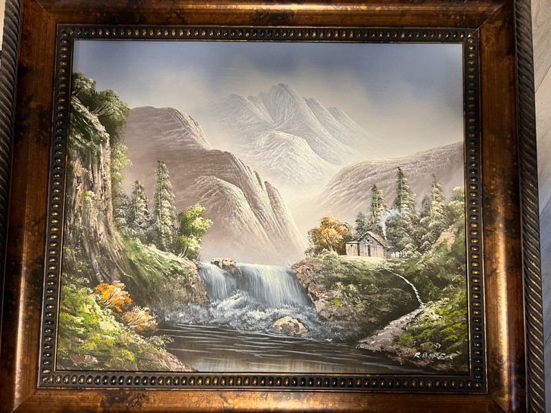 Framed 20×24 R. Boren Painting Mountain Waterfall Oil On Canvas