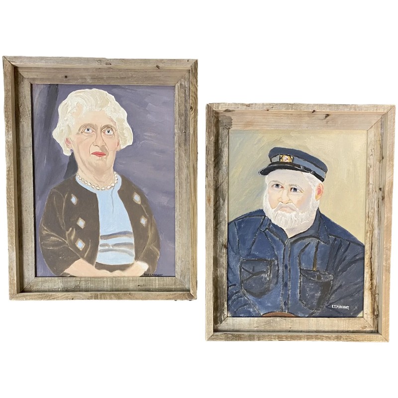 Pair of Naive Folk Art Portraits by Gloucester MA Artist Earle Merchant, c 1960s