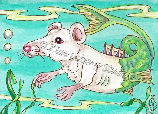 Sea Rat rodent Fish tail ACEO EBSQ Loberg Fantasy ocean creature Mini Art mouse