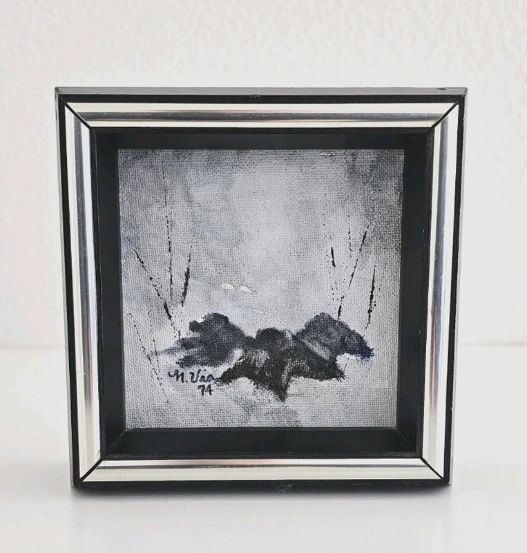 Small Signed Abstract Painting M. Vio 1974 Framed Vintage Art Acrylic on Canvas