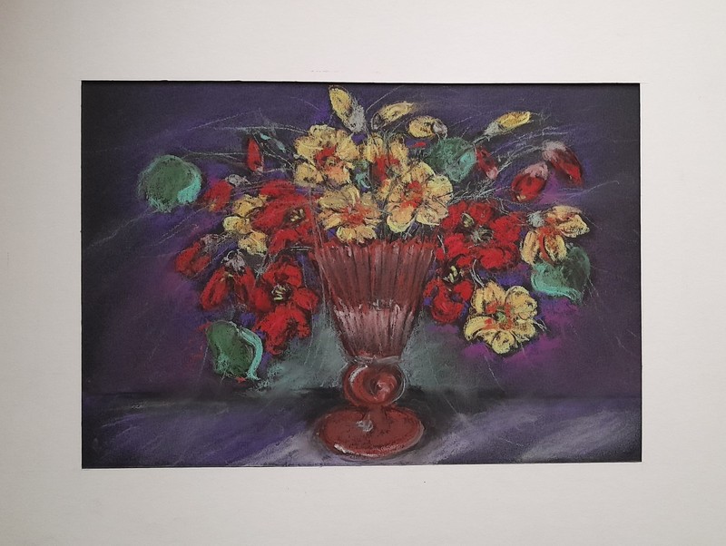 Red Yellow Floral Still Life Original Dark Purple Dry Pastel Painting 8.3×11.4in