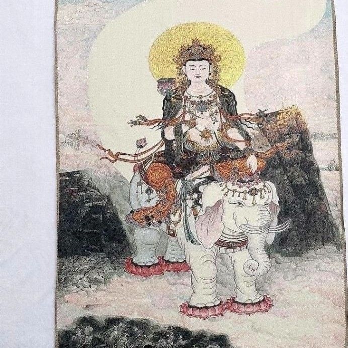 Silk Brocade Thangka Elephant Riding Guanyin Wall Hanging Tapestry 90x60cm