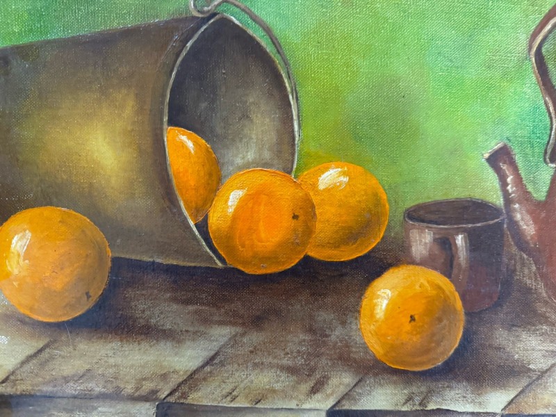 Vintage Oil Painting Still Life Signed Don F. 1973 Pumpkins Copper Oranges 15x30 gallery