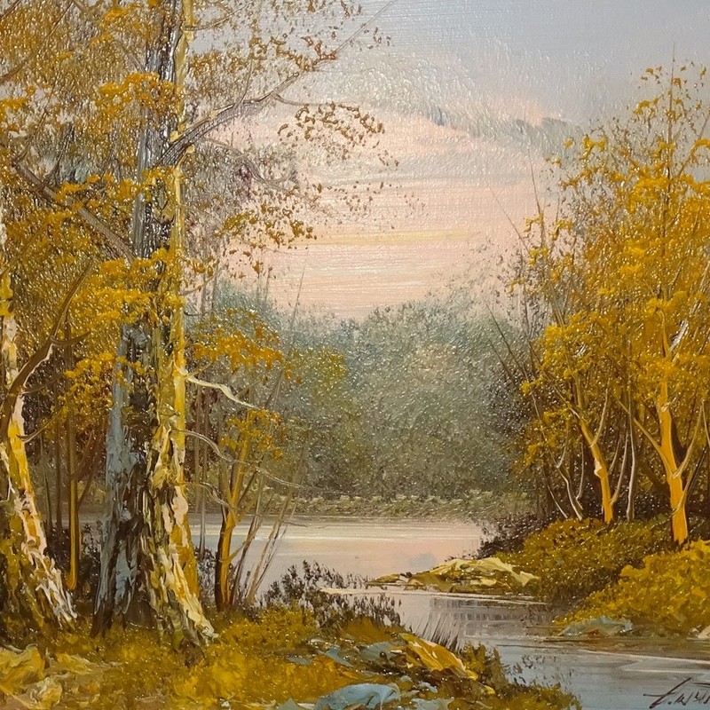 1980s Autumn Landscape Oil Painting Fall Foliage Trees Stream Sunset 22x17.75
