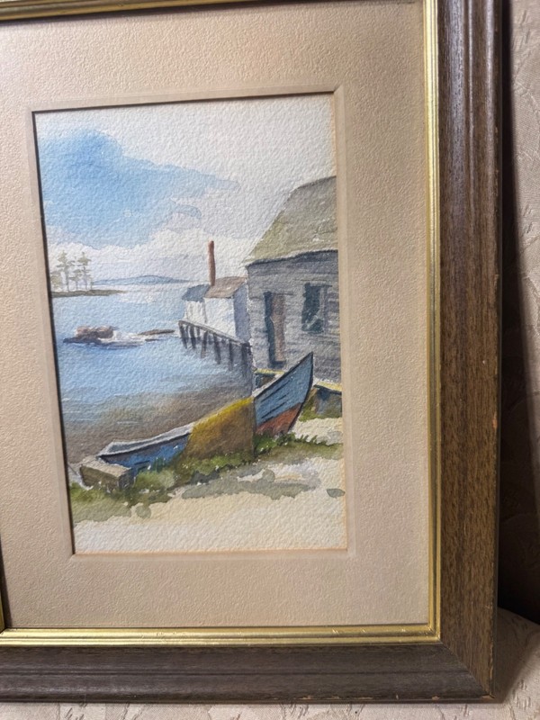 Vintage "Coastal Landscape With Dock And Boat" Watercolor Painting - Framed gallery