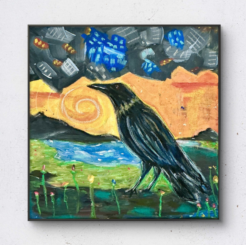 Original Raven Painting 12×12 Colorful Symbolic Acrylic Wall Art