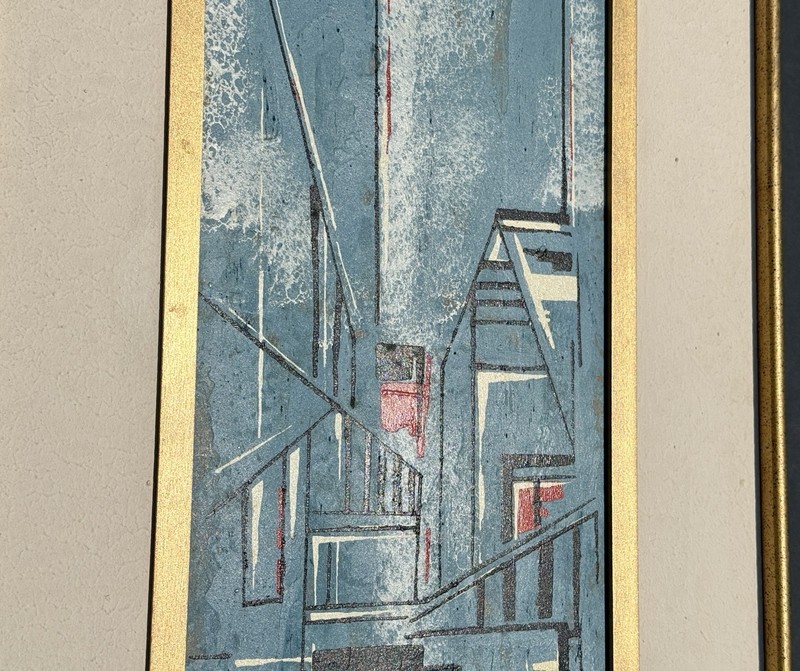 Chas Stone Geometric Abstract Industrial Painting MCM 33.5”x15.5” Blue Signed gallery