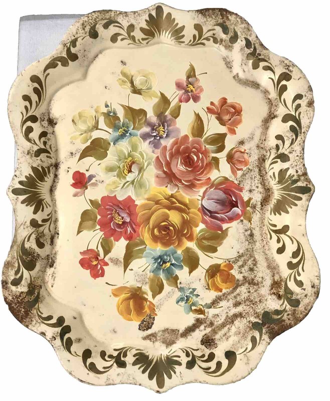 Vintage Handpainted Large Cream Tea Tray Flowers Rusty Folk Art Tole Cottagecore