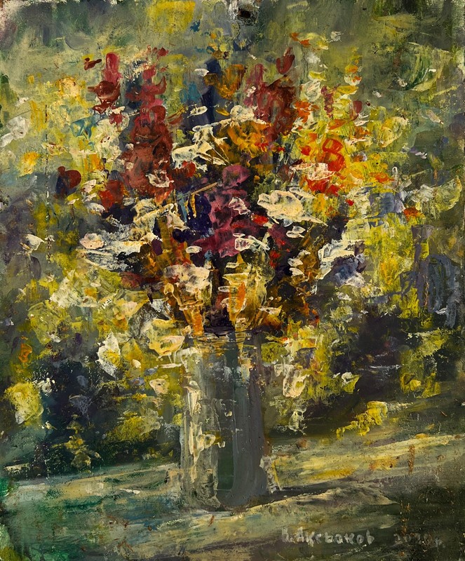 Oil Painting Bouquet Of Wild Flowers V. Aksenov Unframed Original nAAA5027