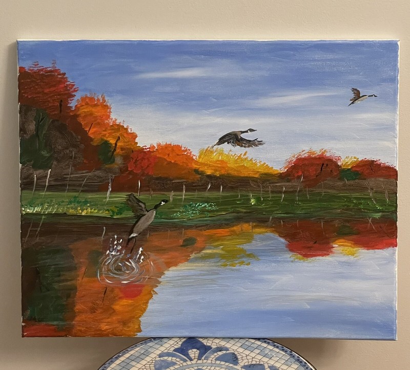 Acrylic Painting Autumn Scene Picture Geese Flying South 16″x20″