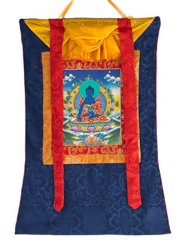 MEDICINE BUDDHA/ BHAISAJYAGURU ORIGINAL TIBETAN THANGKA PAINTING WITH SILK FRAME