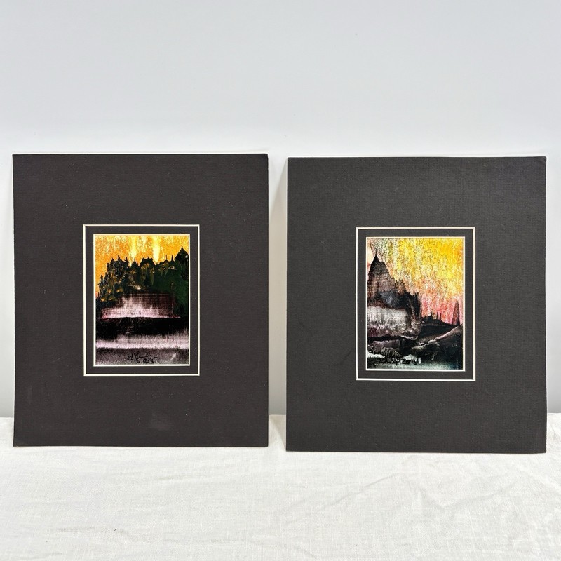 Gouache Paintings Pair Signed Quebec Canada Abstract Landscapes Matted 7×8″