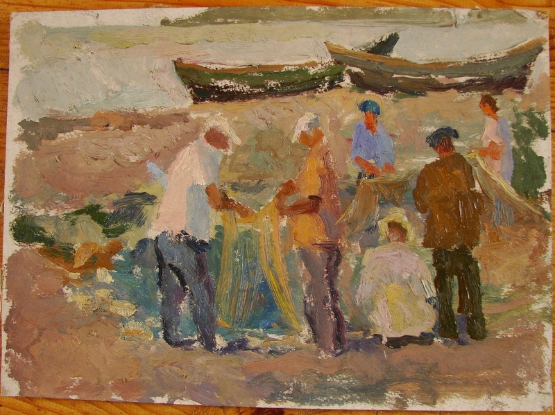 Ukrainian Soviet USSR Oil Painting impressionism figure fishermen boat river