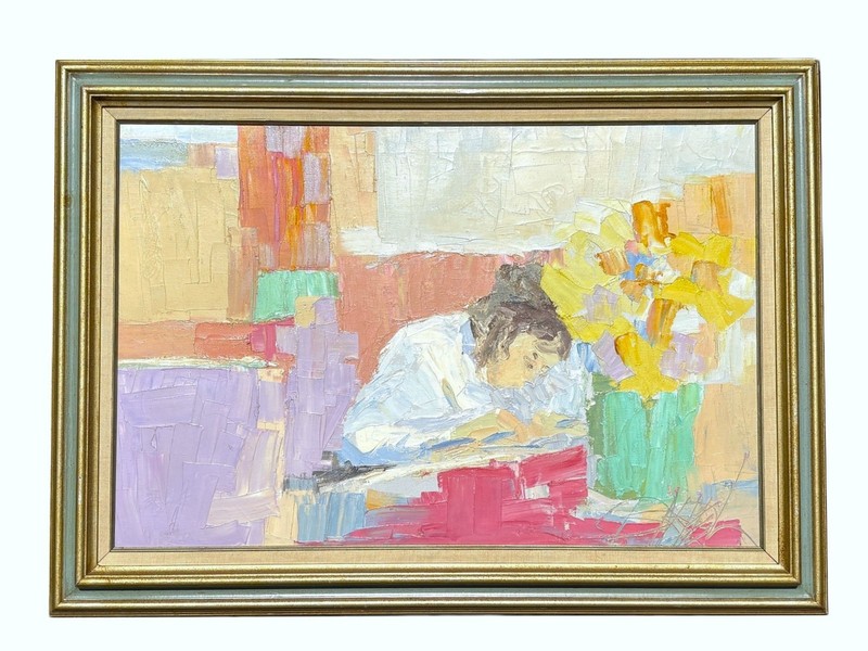 ITALO BOTTI George Barrel ABSTRACT IMPRESSIONIST PAINTING Young Woman w/ Flowers gallery