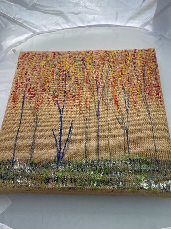 Impressionistic Abstract Autumnal Landscape Painting on Burlap signed E. King