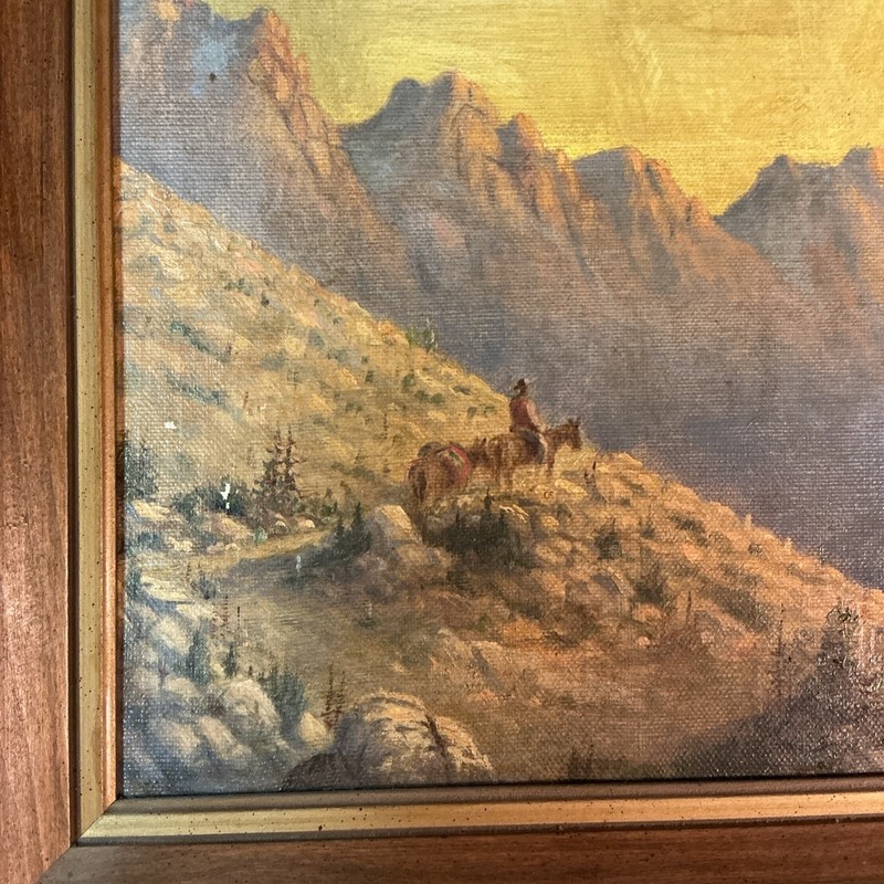 Antique Cowboy Western Mountain Scene Original Oil On Canvas Board Painting gallery