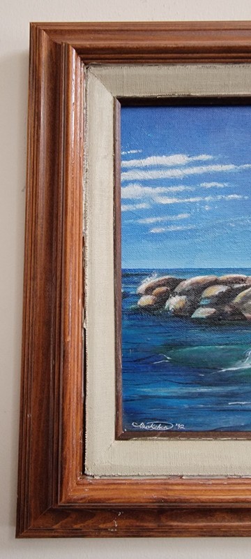Vintage Original Acrylic On Wood Board Lighthouse/ Seascape Painting 17x14 gallery