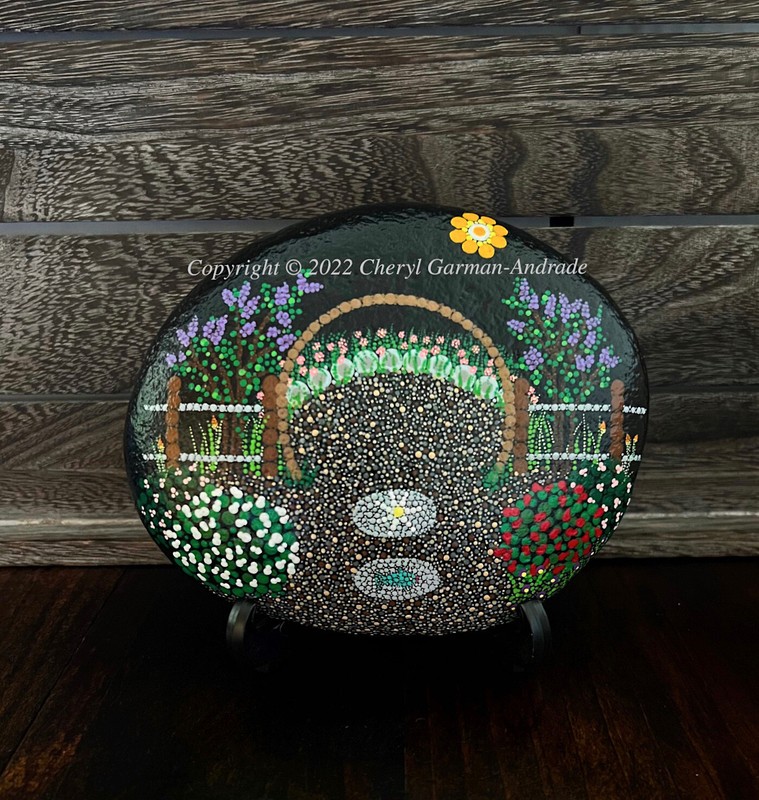 Original Pointillism Dot Painted Stone Moon Gate & Lilacs by Cheryl Andrade