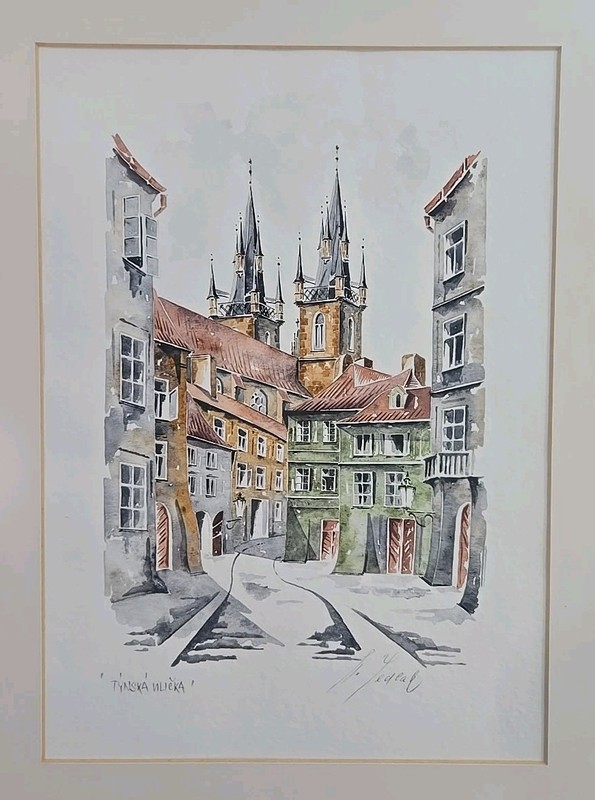 Sedlak Watercolor Ink Tynska Ulicka Prague Signed Framed 29.5×23.5 Exhibition…