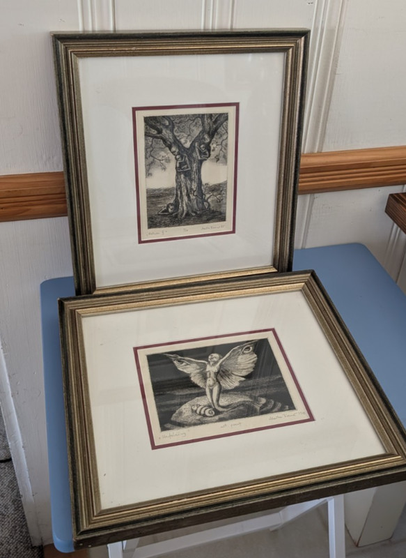 2 Mid Century Modern Fantasy Etchings 1985 Illegible Signature