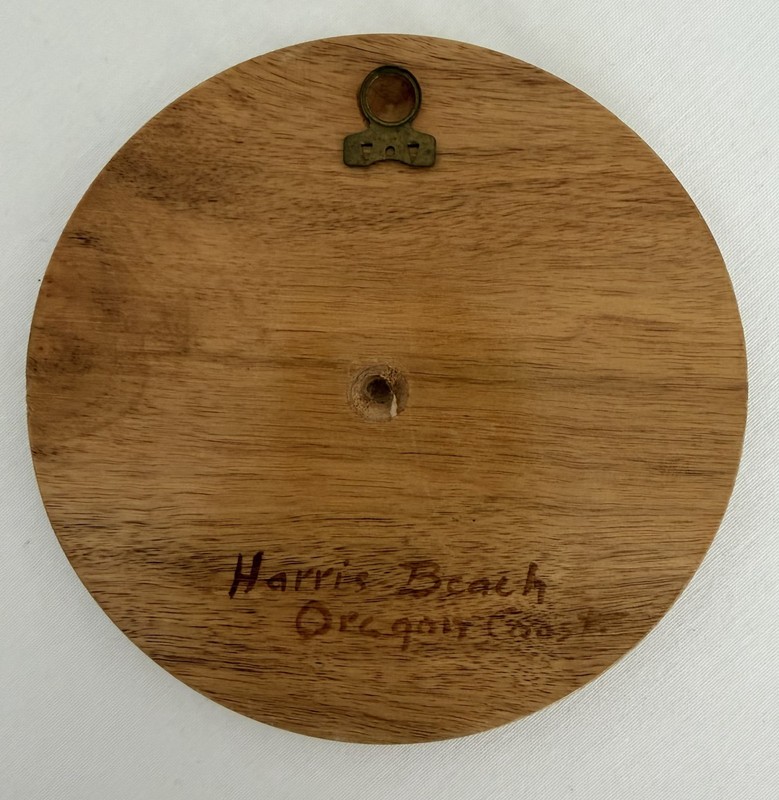 VTG 1970's Oregon Myrtle Wood 6" Round Painted Scene Wall Hanging Harris Beach gallery