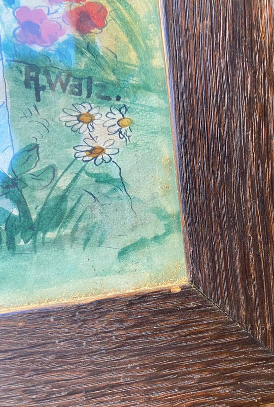 ::WATERCOLOR SIGN. A. WALZ GIRL DECORATES MARTYR PRAYER CROSS OLD GERMAN gallery