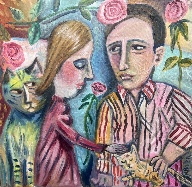Cats People Carnations Pink kitten couple love original MBollen oil painting