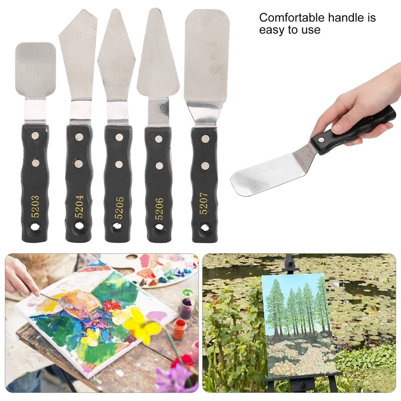 5x Palette Knives Spatula Stainless Steel Black Wood Handle For Oil Acrylic Pain
