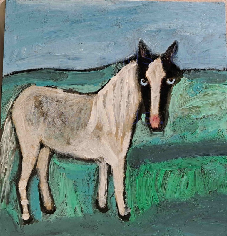 Original horse oil painting on wood panel, signed on the back