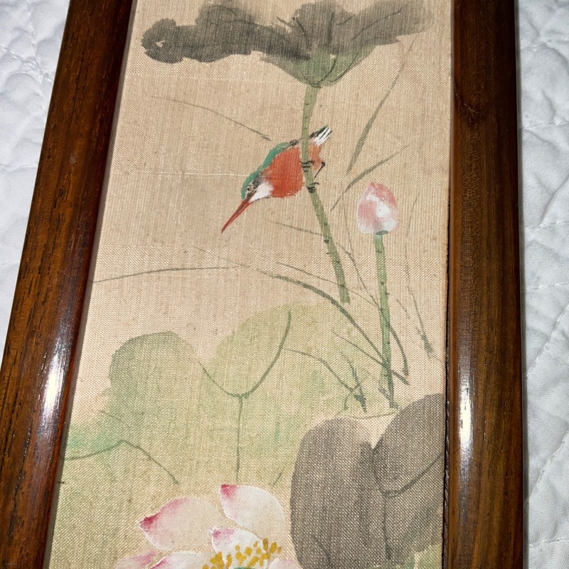 Small two sided Asian painting, original handpainted, flowers, floral birds gallery