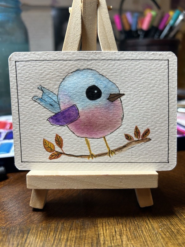 Watercolor And Ink ACEO Original Painting Of Bird On A Branch