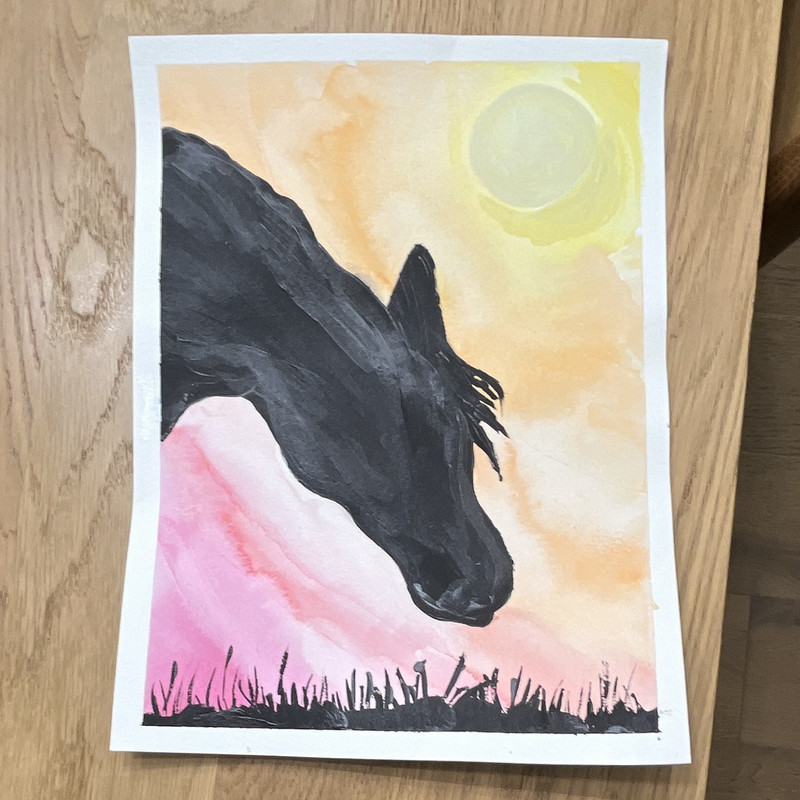 Horse Silhouette Sunset Landscape Painting on Paper, Unframed handmade art