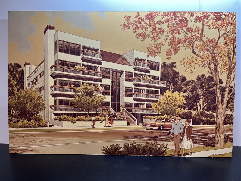 1980 Post Modern Architectural Rendering Los Angeles Wood Plaque John Siebel