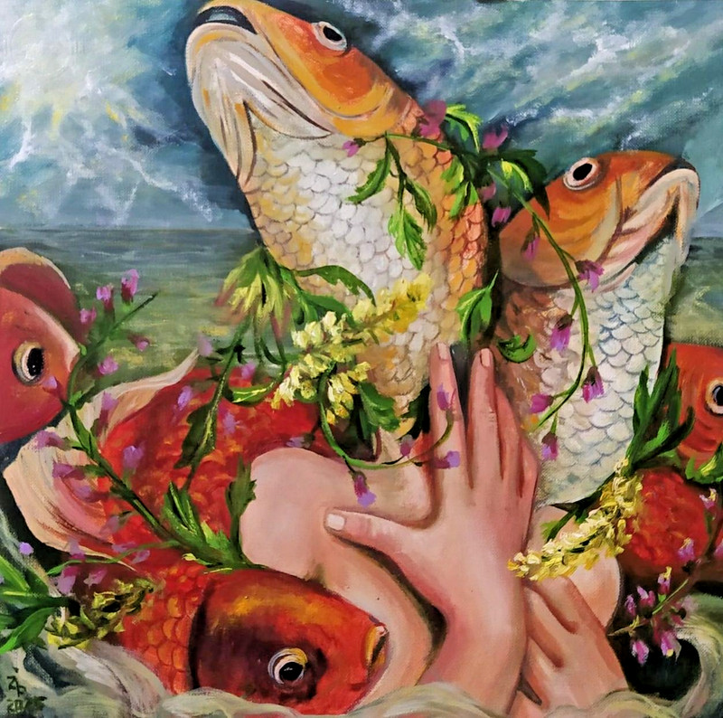 art 335 original painting 30×30 cm oil on Tela canvaspaper women fish sur framed