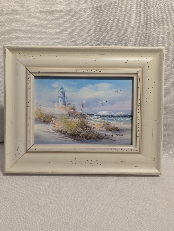Framed Oil Painting «Light House, Beach, Seagals» Signed Loomis Dean. 10.5 X 8.5