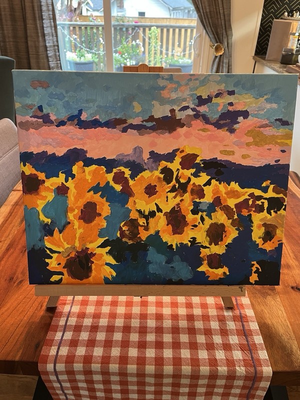 New hand painted by me acrylic on canvas sunflowers at sunset 19.7”x15.7” art