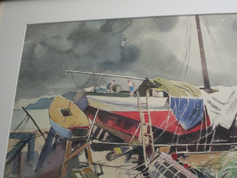 ANTIQUE VINTAGE WPA STYLE PAINTING NAUTICAL SHIP BOAT YARD COASTAL REGIONALISM gallery