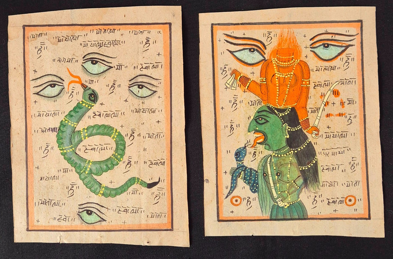 VINTAGE HANDMADE FOLK TANTRA-MANTRA PAINTING ON ANTIQUE PAPER. SET OF 2 PAINTING