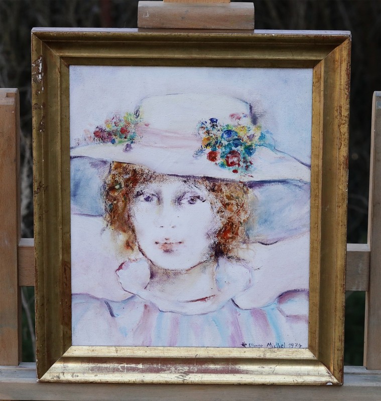 Ellinor Michel Girl With Flower Hat Portrait Signed Oil Painting on Canvas gallery